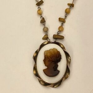 Vtg Root Beer Cameo on Milk Glass Brooch/Pendant necklace